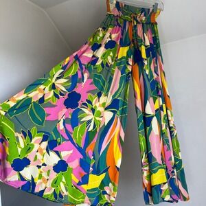 Floral Wide‎ Leg Palazzo Pants Smocked Coastal Tropical Vibrant Boho Colorful XS